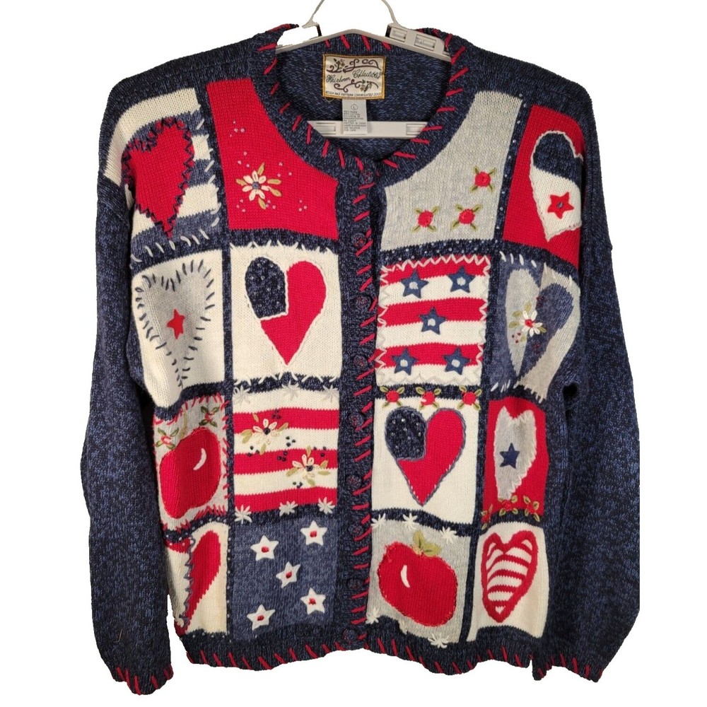VTG Hearts Valentine Cardigan Sweater LARGE Heirloom Collectibles Americana